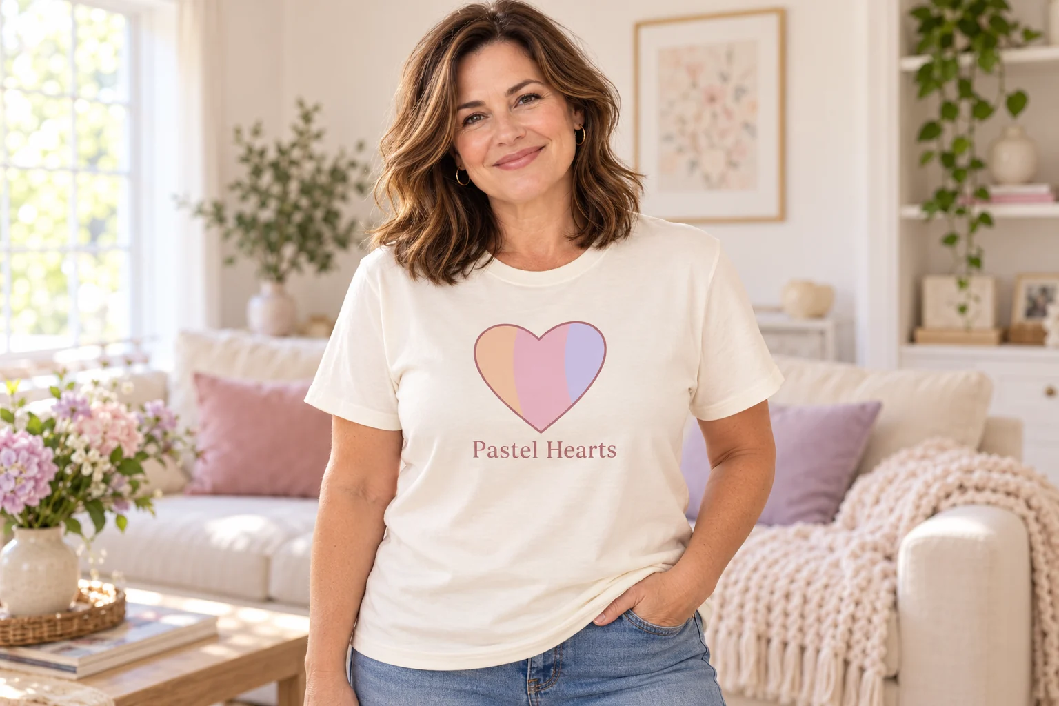 Woman wearing a cream Pastel Hearts T-shirt with our pastel heart logo