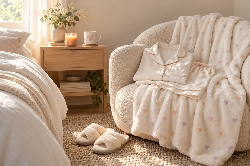 Pastel Hearts collection concept: cream pyjamas, a heart-patterned throw and slippers in a warm, inviting bedroom