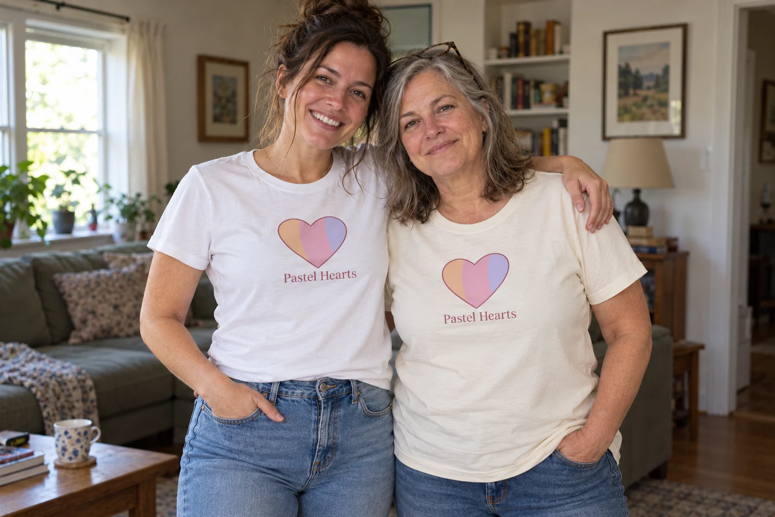 Two women wearing white and cream Pastel Hearts T-shirts