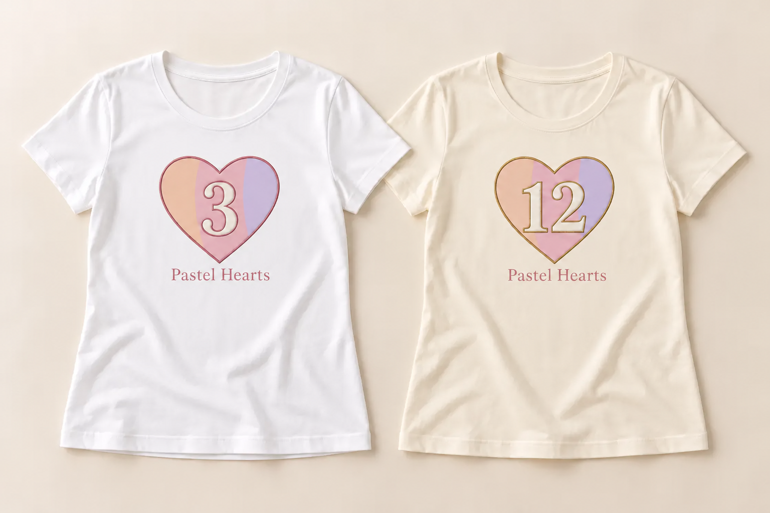 Illustrative white and cream ladies’ T-shirts with three and twelve month pastel heart designs and Pastel Hearts printed underneath
