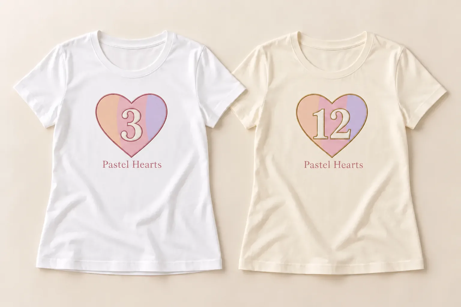 Illustrative white and cream ladies’ T-shirts with three and twelve month pastel heart designs and Pastel Hearts printed underneath