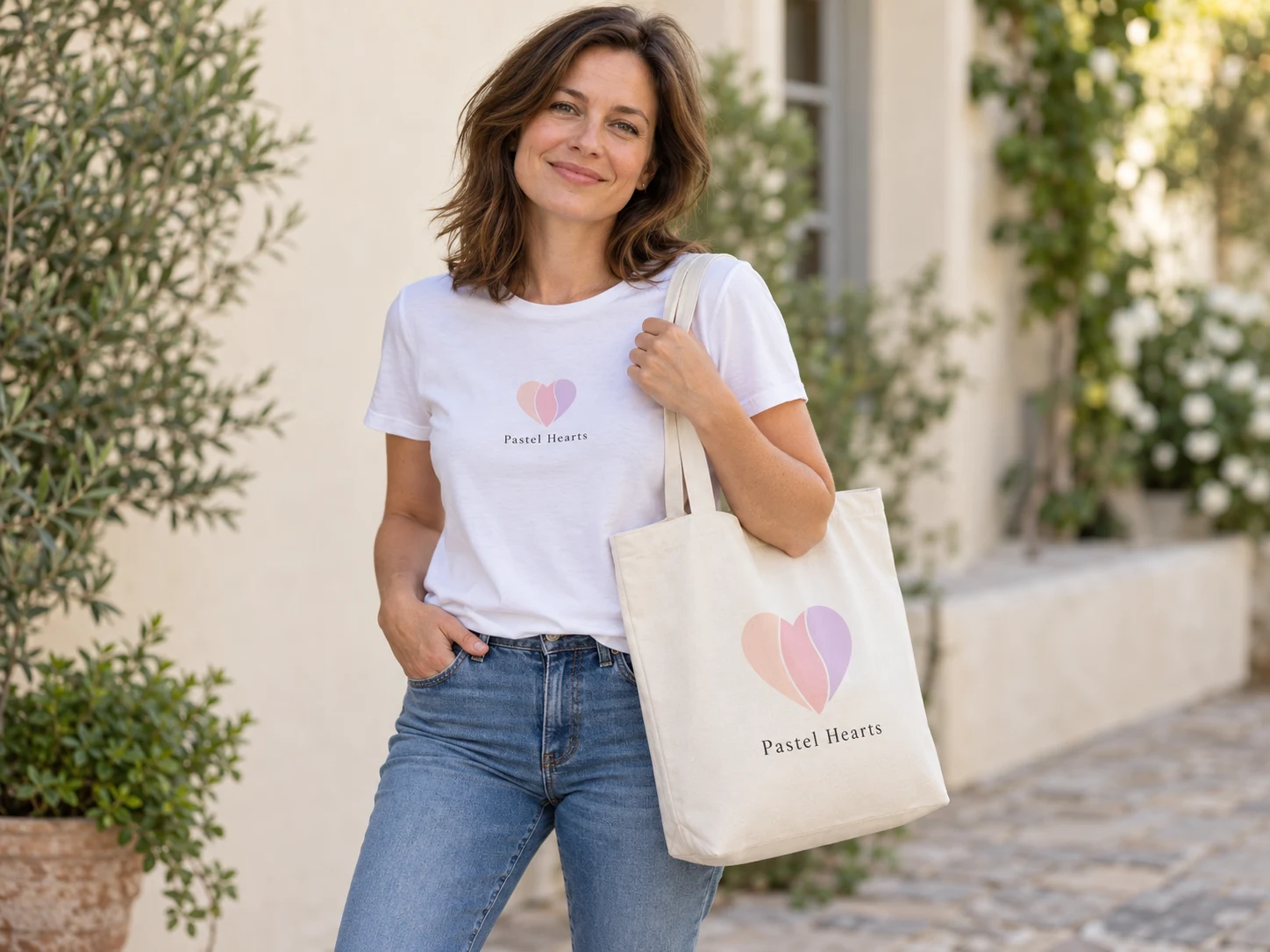 A woman wearing a white Pastel Hearts T-shirt with a cream Pastel Hearts tote bag over her shoulder